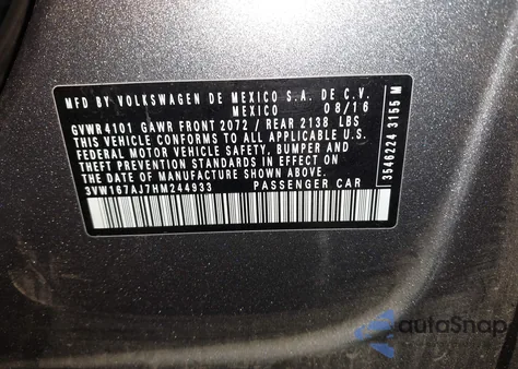 2017 Volkswagen Jetta 1.4T S z USA, uszkodzony, nr VIN 3VW167AJ7HM244933